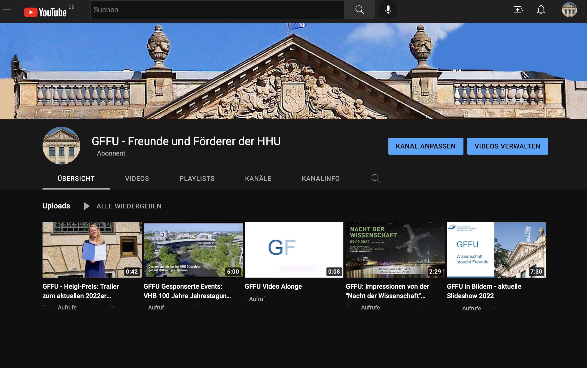 Screenshot der GFFU YouTube Startseite